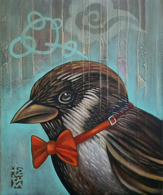 Sparrow bird wearing red bowtie, brown bird, blue background, tibetan zen cloud, 8x10 inch, 11x14 inch, 16x20 inch
