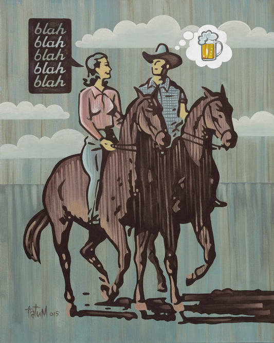 blah blah blah, a man and woman riding horse, woman talking talk bubble, man  thought bubble beer, blue background.