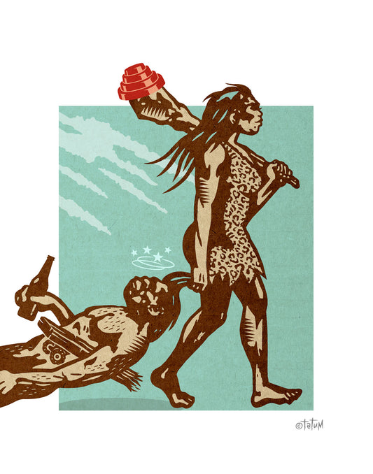 Cave woman drags her husband home by hair, after knocking him out with a club. on the club is his red DEVO hat, and he still clutches his beer and broken skateboard. blue background.