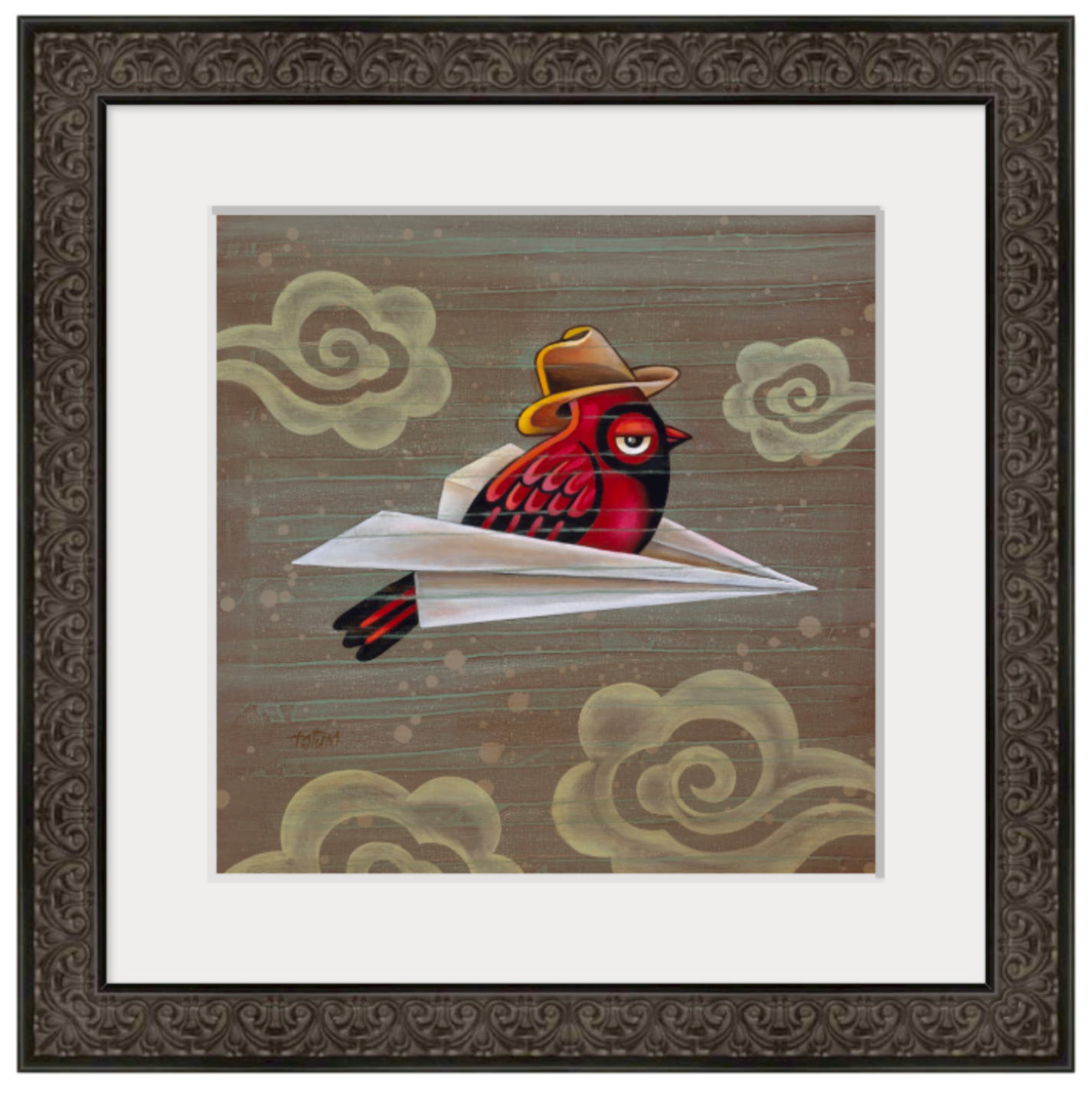 Just Chillin Cardinal in paper airplane wearing cowboy hat, flying through the clouds with mat and frame