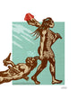 Cave woman drags her husband home by hair, after knocking him out with a club. on the club is his red DEVO hat, and he still clutches his beer and broken skateboard. blue background. 