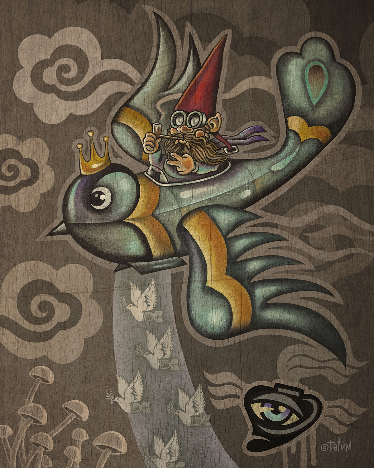 Flying Gnome Dropping Peace Bombs - Choice Goods Gallery